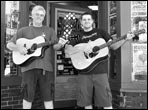 Scott Baxendale and son, John, in front of the Colfax Guitar Shop in Denver, Colorado