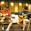 John Calkin (left) and Stephen Kinnaird moments after swapping guitars