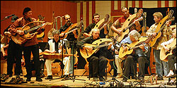 Massed harp guitar players. Twenty-seven players rehearse grand finale.