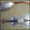 Aluminum violin and side view of hybrid mandolin