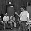 Attending Tom Ribbecke’s workshop on archtop plate carving at the 1995 GAL Convention. Steve Marchione is under the clock.