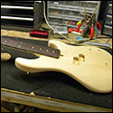 5-string bass guitar set to be routed for the Kahler tremolo bass bridge