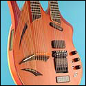 Front view of a William Eaton double neck harp guitar w ith Transperformance tuning system