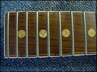 Closeup view of fancy fretboard purlfing